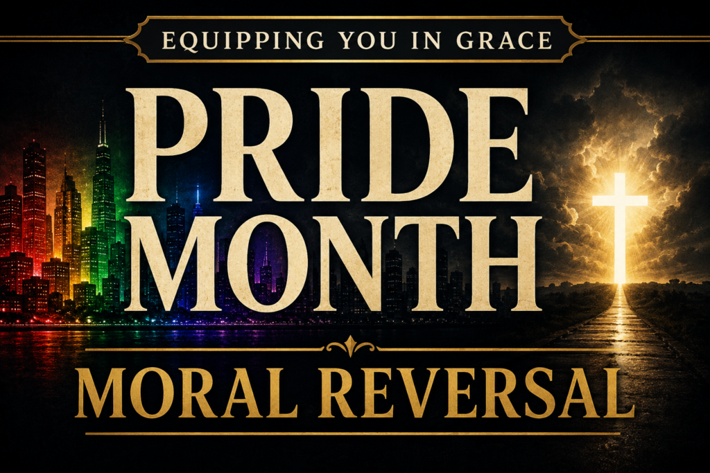 Equipping You in Grace podcast thumbnail featuring the words 'Pride Month' and 'Moral Reversal' in large cream serif lettering. A dark city skyline with rainbow-colored lights appears on the left, fading into shadow toward the center. On the right, a bright cross stands illuminated by golden light breaking through dark clouds. The design uses a deep charcoal background with gold accents, emphasizing the contrast between darkness and light.
