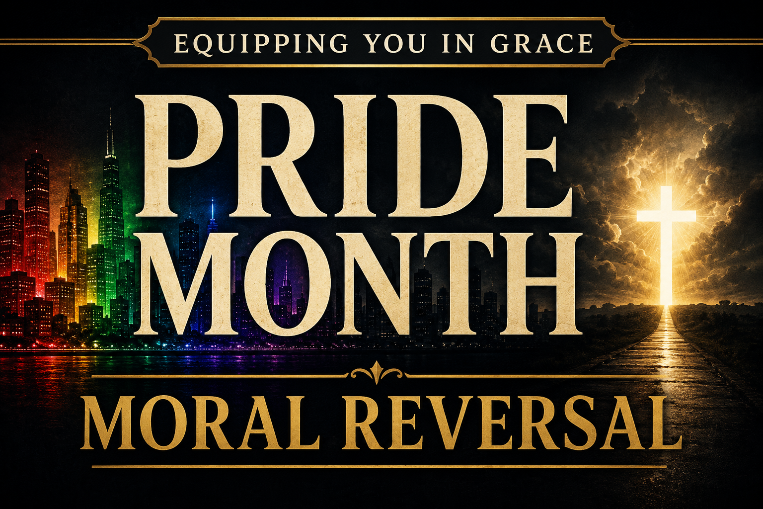 Equipping You in Grace podcast thumbnail featuring the words 'Pride Month' and 'Moral Reversal' in large cream serif lettering. A dark city skyline with rainbow-colored lights appears on the left, fading into shadow toward the center. On the right, a bright cross stands illuminated by golden light breaking through dark clouds. The design uses a deep charcoal background with gold accents, emphasizing the contrast between darkness and light.