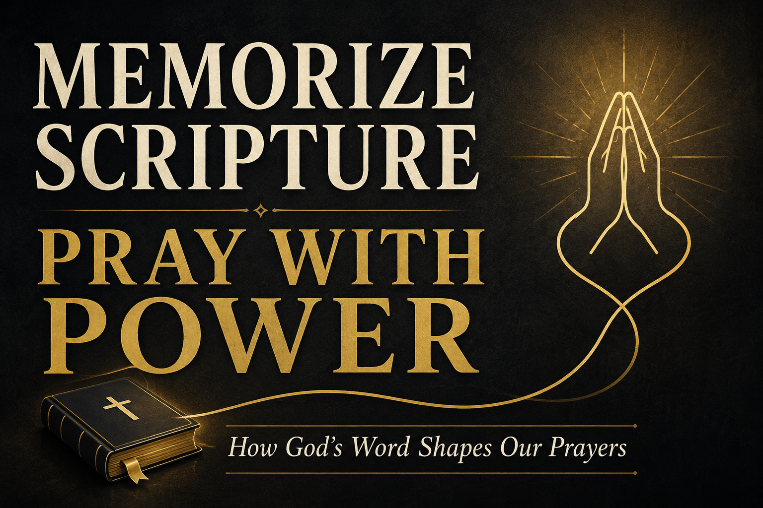 Dark charcoal and gold graphic reading “Memorize Scripture, Pray with Power,” with a closed Bible, praying hands, and the subtitle “How God’s Word Shapes Our Prayers.