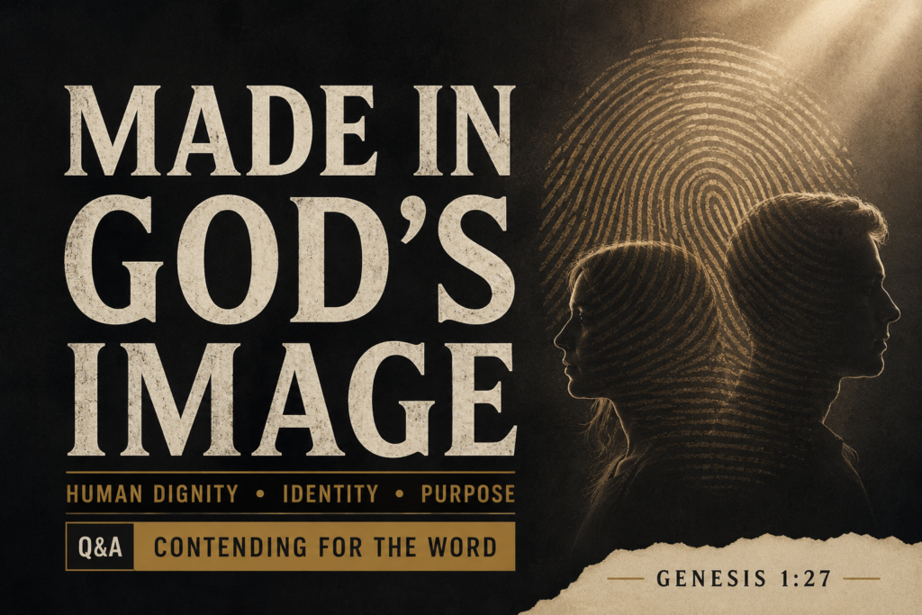 Created in the Image of God: The Foundation of Human Identity 2 Thumbnail featuring the words “Made in God’s Image” beside male and female silhouettes overlaid with a fingerprint, with Genesis 1:27 and the themes of human dignity, identity, and purpose.