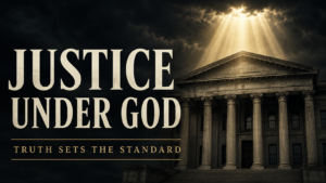 Thumbnail showing a large stone courthouse beneath a dark charcoal sky, with beams of muted gold light shining down from the clouds. Large cream serif text reads “JUSTICE UNDER GOD,” with smaller gold text below reading “TRUTH SETS THE STANDARD.