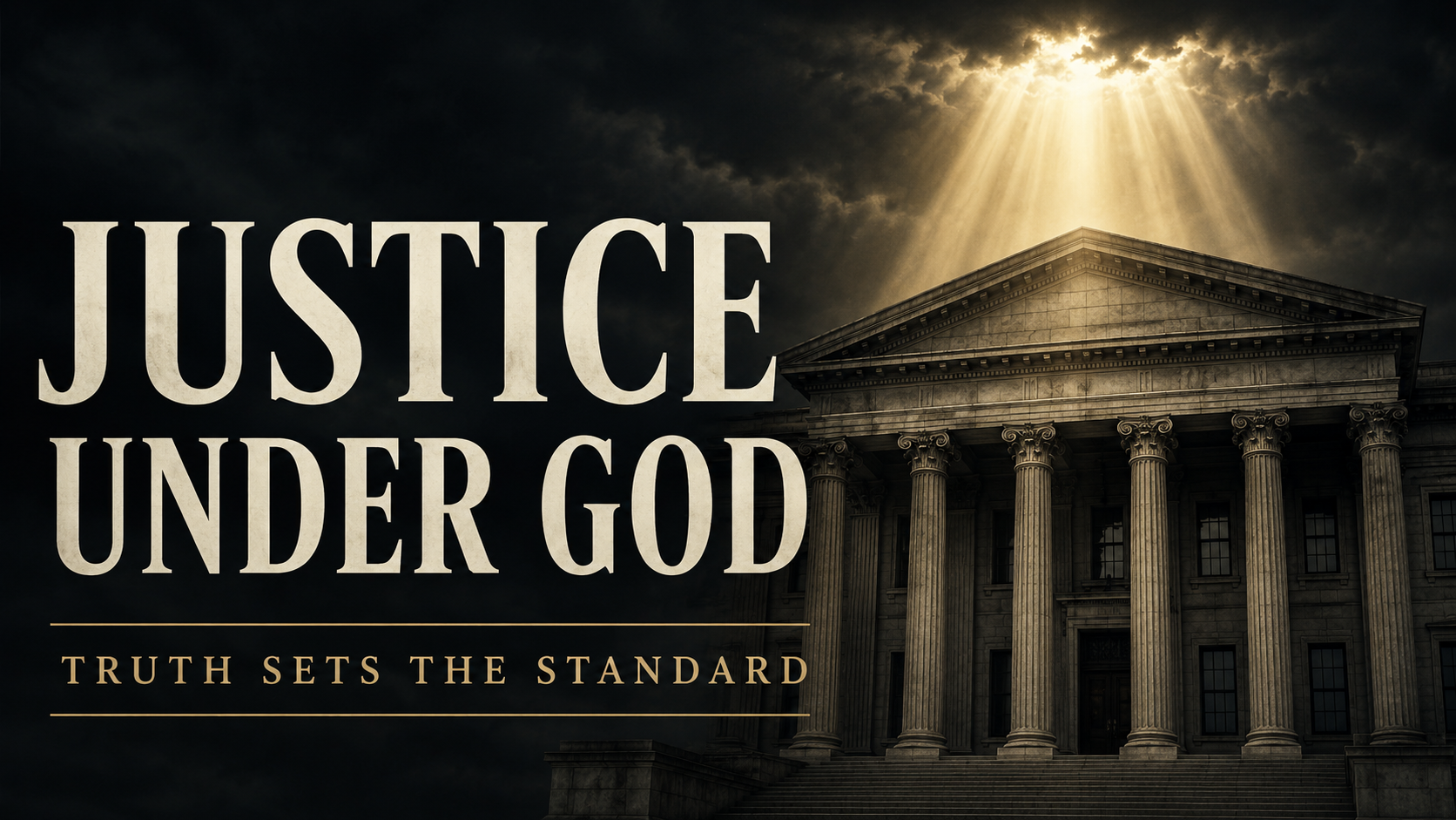 Thumbnail showing a large stone courthouse beneath a dark charcoal sky, with beams of muted gold light shining down from the clouds. Large cream serif text reads “JUSTICE UNDER GOD,” with smaller gold text below reading “TRUTH SETS THE STANDARD.