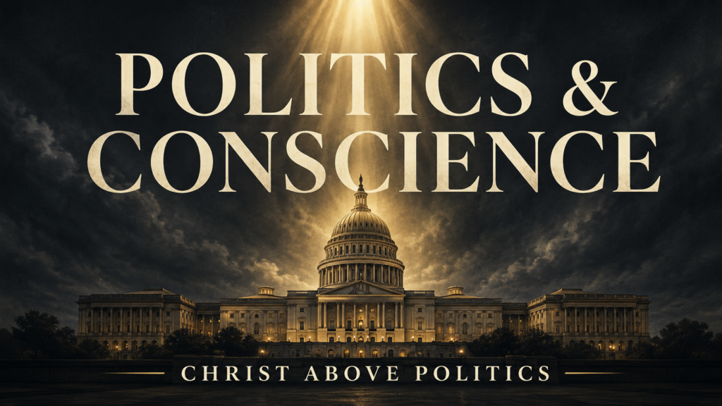 Politics and the Christian Conscience 2 Thumbnail showing a large domed government building beneath a dark charcoal sky with a muted golden beam of light shining down from above. Large cream serif text reads “POLITICS & CONSCIENCE,” with smaller text at the bottom reading “CHRIST ABOVE POLITICS.