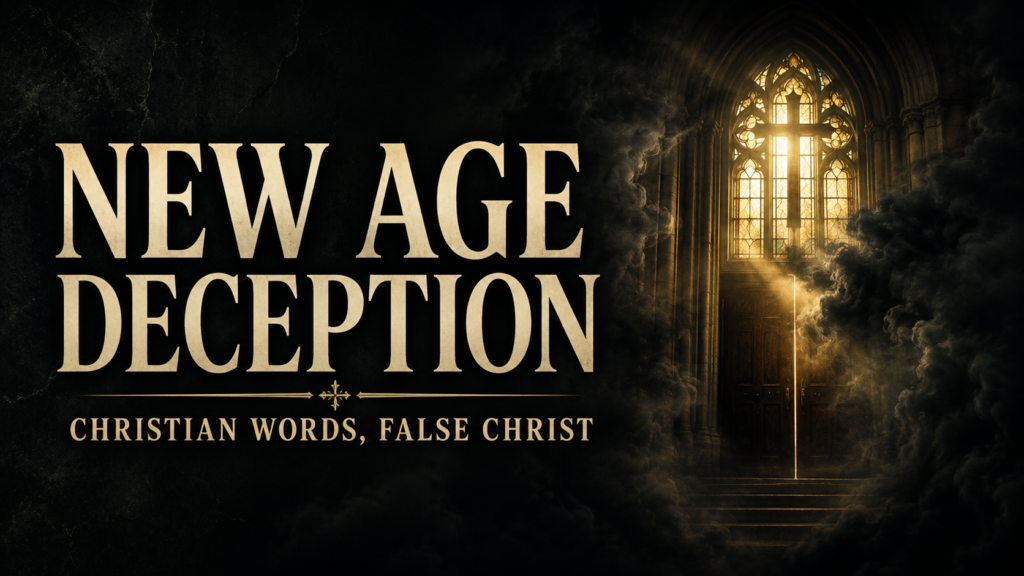 New Age Deception Disguised as Christianity 3 Thumbnail showing the words “NEW AGE DECEPTION” in large cream serif text over a dark charcoal background, with the smaller subtitle “CHRISTIAN WORDS, FALSE CHRIST” beneath. On the right, a glowing stained-glass church entrance is partly hidden by dark, swirling mist, creating a dramatic and ominous atmosphere.