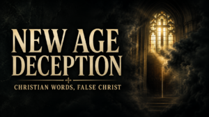 Thumbnail showing the words “NEW AGE DECEPTION” in large cream serif text over a dark charcoal background, with the smaller subtitle “CHRISTIAN WORDS, FALSE CHRIST” beneath. On the right, a glowing stained-glass church entrance is partly hidden by dark, swirling mist, creating a dramatic and ominous atmosphere.