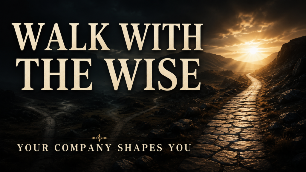 Proverbs 13 Explained: Walking with the Wise 1 A dramatic thumbnail shows a stone pathway winding through a dark, rugged landscape toward a warm sunrise, with several shadowed paths fading into the distance. Large cream serif text reads “WALK WITH THE WISE,” with smaller text below: “YOUR COMPANY SHAPES YOU.