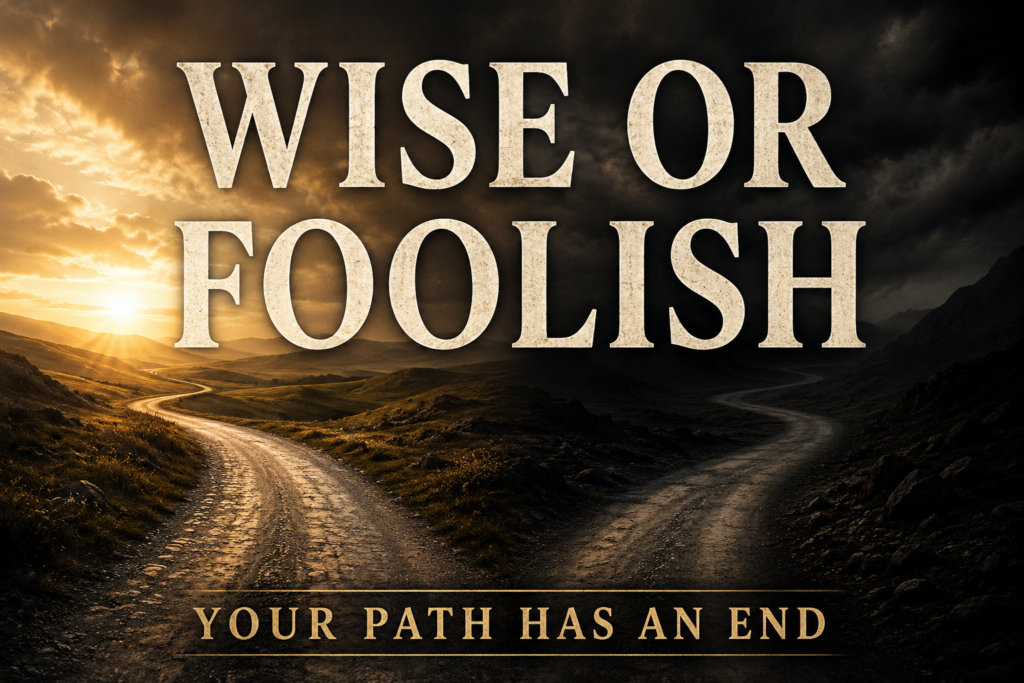 Proverbs 14 Explained: Wisdom Builds and Folly Destroys 1 Dramatic forked road beneath contrasting skies, with one path leading toward warm golden light and the other disappearing into darkness. Large cream text reads, “WISE OR FOOLISH,” with smaller text below, “YOUR PATH HAS AN END.