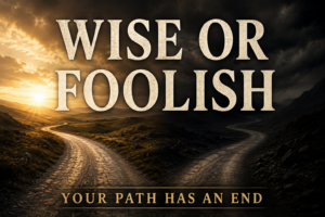 Dramatic forked road beneath contrasting skies, with one path leading toward warm golden light and the other disappearing into darkness. Large cream text reads, “WISE OR FOOLISH,” with smaller text below, “YOUR PATH HAS AN END.