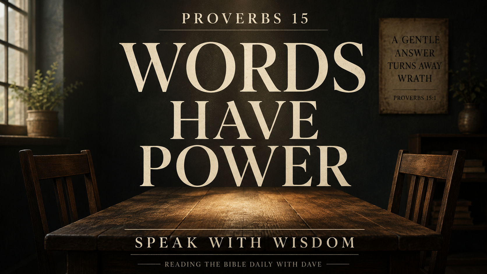 Proverbs 15 thumbnail featuring two empty wooden chairs facing across a rustic table in a dark room, with warm light and the text “Words Have Power” and “Speak with Wisdom.