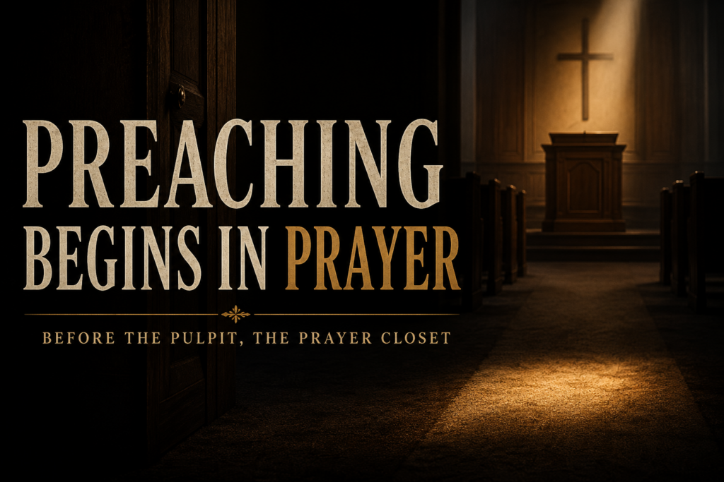 The Preacher and His Prayer Life 5 Dark church interior with an empty pulpit illuminated by warm gold light and the words “Preaching Begins in Prayer: Before the Pulpit, the Prayer Closet.