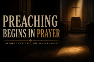 Dark church interior with an empty pulpit illuminated by warm gold light and the words “Preaching Begins in Prayer: Before the Pulpit, the Prayer Closet.