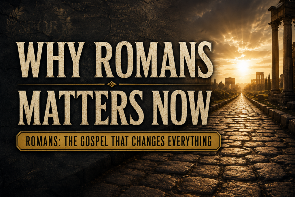 Why Romans Matters Now: The Gospel That Changes Everything 3 Why Romans Matters Now sermon thumbnail featuring an ancient Roman road leading toward golden light, surrounded by Roman ruins, with the series title Romans: The Gospel That Changes Everything.