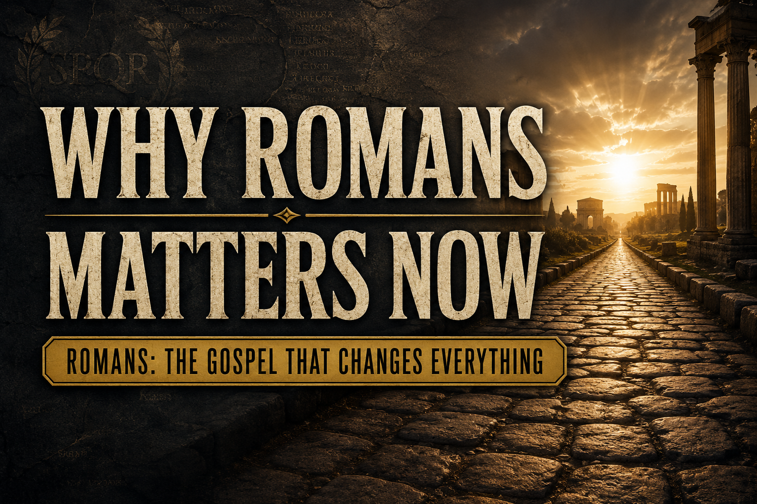 Why Romans Matters Now sermon thumbnail featuring an ancient Roman road leading toward golden light, surrounded by Roman ruins, with the series title Romans: The Gospel That Changes Everything.