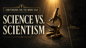 A dramatic YouTube thumbnail with a deep charcoal textured background, large cream serif text reading “SCIENCE VS. SCIENTISM,” and a small banner at the top that says “CONTENDING FOR THE WORD Q&A.” On the right, an antique brass microscope sits under warm golden light, surrounded by measurement lines, scientific diagrams, and faded formulas, visually emphasizing the limits of science and the distinction between science and scientism.