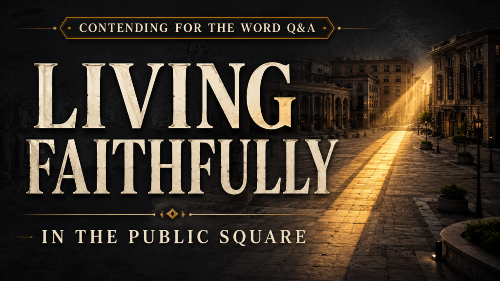 Living Faithfully in the Public Square thumbnail featuring an empty stone city square surrounded by dark buildings, with a golden beam of light illuminating a clear path beneath cream and gold typography.
