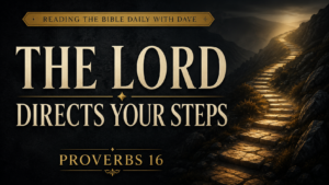 Thumbnail with a deep charcoal textured background and cream serif text reading “THE LORD DIRECTS YOUR STEPS,” with “PROVERBS 16” below and a small banner at the top reading “READING THE BIBLE DAILY WITH DAVE.” On the right, a narrow stone pathway climbs through a dark, rugged hillside, illuminated by warm golden light that brightens only the next several steps before fading into the distance.