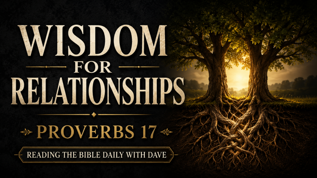 Thumbnail with large cream serif text reading “WISDOM FOR RELATIONSHIPS” and “PROVERBS 17,” plus a small banner reading “READING THE BIBLE DAILY WITH DAVE.” On the right, two sturdy trees stand side by side under warm golden light, with their roots visibly intertwined beneath the ground against a deep charcoal textured background.