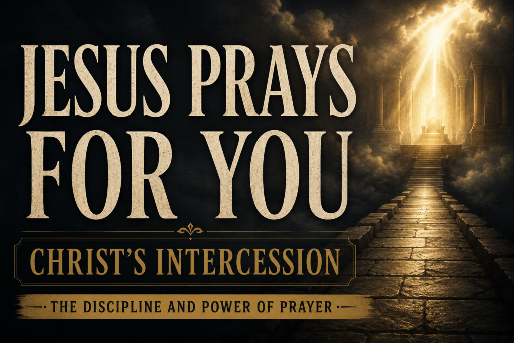 Because Jesus Prays for You: The Hope of Christ’s Ongoing Intercession 3 Jesus Prays for You thumbnail featuring a golden-lit stone pathway leading toward a distant throne room beneath dark storm clouds.