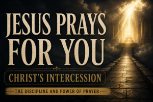 Jesus Prays for You thumbnail featuring a golden-lit stone pathway leading toward a distant throne room beneath dark storm clouds.