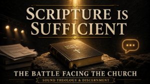 Closed leather Bible resting on a rough stone surface under a strong golden beam of light, set against a deep charcoal background. Large cream serif text reads “SCRIPTURE IS SUFFICIENT,” with smaller text below reading “THE BATTLE FACING THE CHURCH” and a bottom banner that says “SOUND THEOLOGY & DISCERNMENT.” Faint stage lights, blurred papers, and a glowing speech bubble linger in the shadows, symbolizing competing voices around the church.