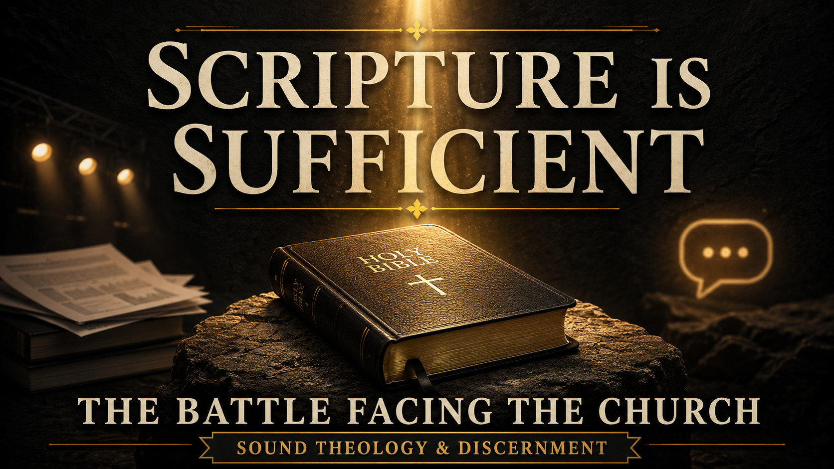 Closed leather Bible resting on a rough stone surface under a strong golden beam of light, set against a deep charcoal background. Large cream serif text reads “SCRIPTURE IS SUFFICIENT,” with smaller text below reading “THE BATTLE FACING THE CHURCH” and a bottom banner that says “SOUND THEOLOGY & DISCERNMENT.” Faint stage lights, blurred papers, and a glowing speech bubble linger in the shadows, symbolizing competing voices around the church.