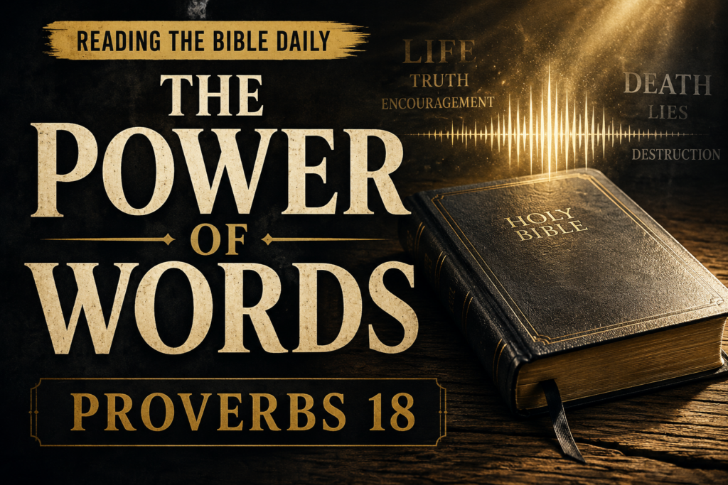 Reading the Bible Daily thumbnail featuring a closed Holy Bible beneath golden light with a glowing soundwave and the words “The Power of Words” and “Proverbs 18.