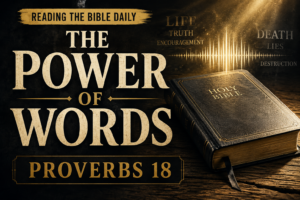 Reading the Bible Daily thumbnail featuring a closed Holy Bible beneath golden light with a glowing soundwave and the words “The Power of Words” and “Proverbs 18.