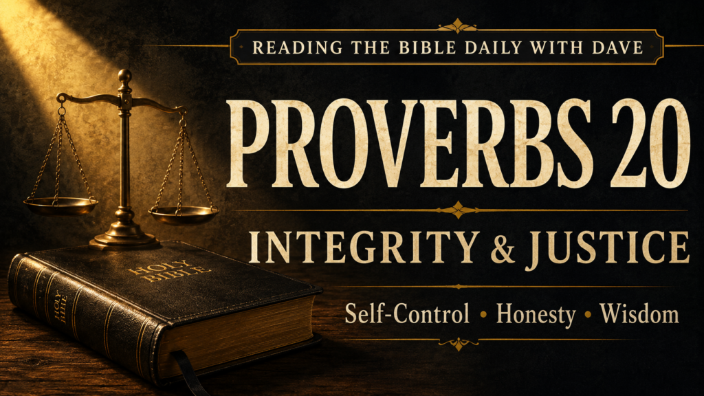 Proverbs 20 Explained: Integrity, Justice, and Self-Control 1 Thumbnail for Reading the Bible Daily with Dave featuring a closed Holy Bible and brass balance scale on a wooden surface under warm golden light, set against a dark textured background, with the text “Proverbs 20,” “Integrity & Justice,” and “Self-Control • Honesty • Wisdom.