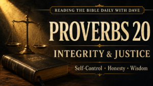 Thumbnail for Reading the Bible Daily with Dave featuring a closed Holy Bible and brass balance scale on a wooden surface under warm golden light, set against a dark textured background, with the text “Proverbs 20,” “Integrity & Justice,” and “Self-Control • Honesty • Wisdom.