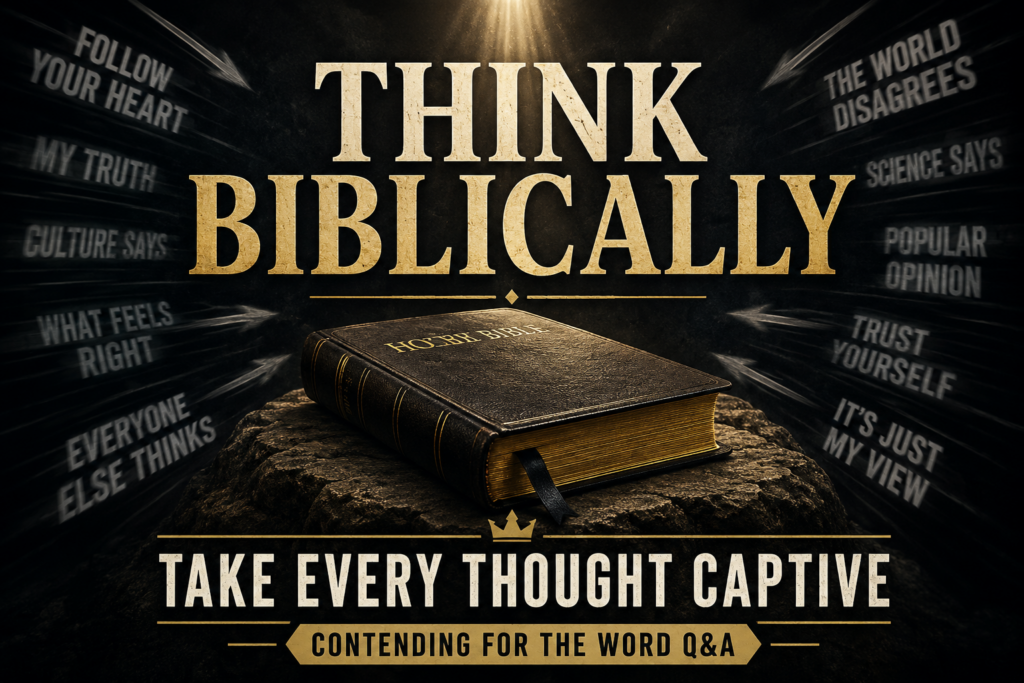Think Biblically thumbnail featuring a closed Holy Bible on a stone surface beneath golden light, surrounded by blurred competing cultural ideas, with the words “Take Every Thought Captive.