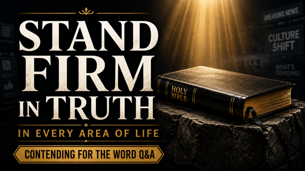 Standing Firm in Truth in Every Area of Life 2 Closed black leather Bible resting on a rugged stone foundation beneath warm golden light, with the words “Stand Firm in Truth in Every Area of Life” and subtle cultural headlines fading into the dark background.