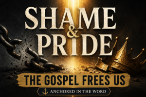 Dramatic Christian podcast thumbnail with the words “Shame & Pride” above a broken chain and cracked crown, illuminated by golden light, with “The Gospel Frees Us” and “Anchored in the Word” below.