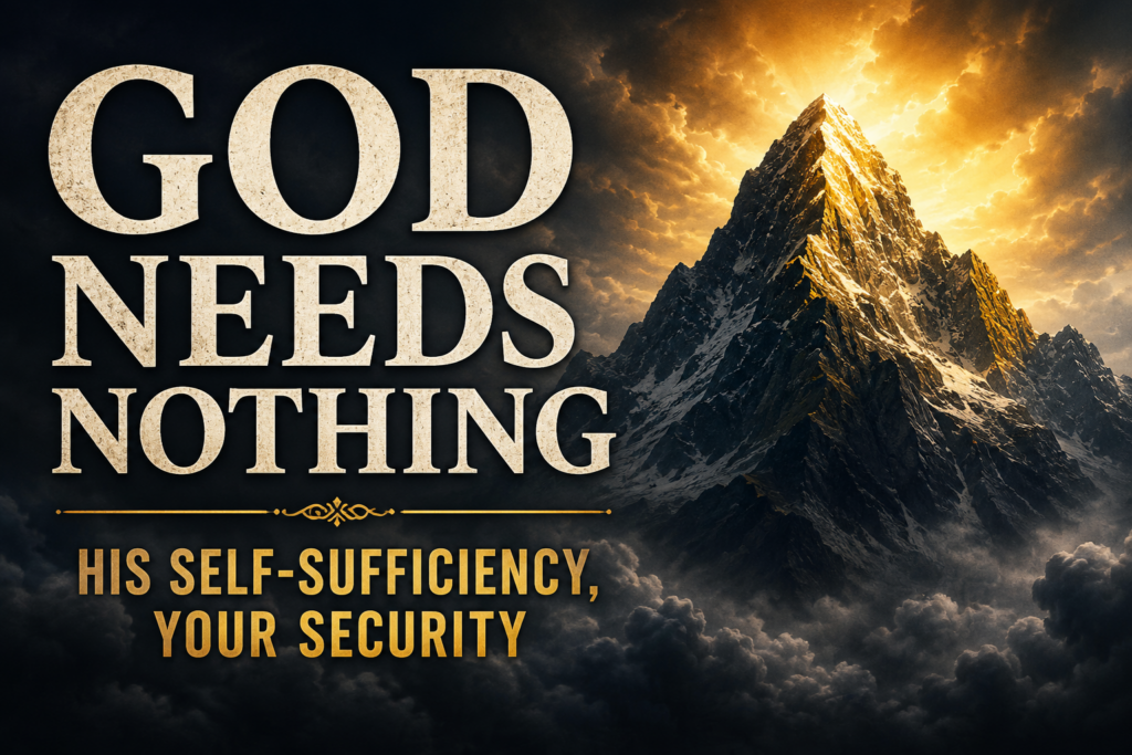 Dramatic mountain peak illuminated by golden light above dark storm clouds, with the words “God Needs Nothing” and “His Self-Sufficiency, Your Security.