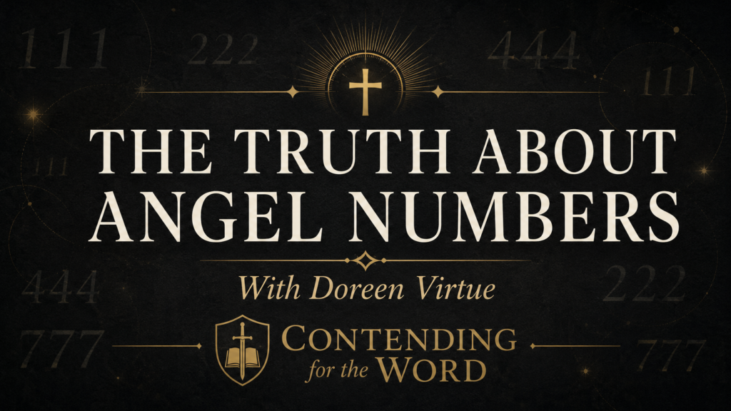 Dark charcoal and gold graphic reading “The Truth About Angel Numbers,” with Doreen Virtue and Contending for the Word, surrounded by faint repeating numbers and a gold cross.