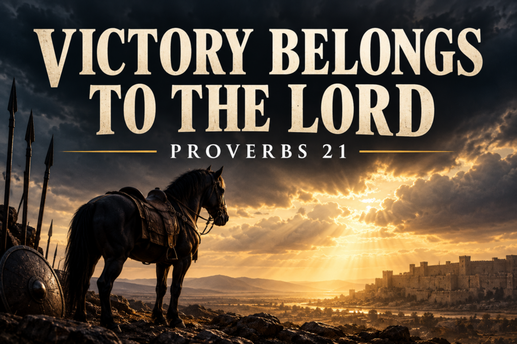 Dark warhorse overlooking a distant fortified city as golden sunlight breaks through storm clouds, with the text “Victory Belongs to the Lord” and “Proverbs 21.