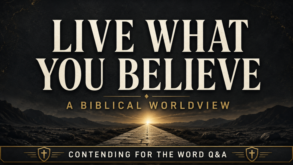 Dark charcoal Christian podcast thumbnail featuring a stone path leading toward golden light, with the text “Live What You Believe: A Biblical Worldview” and Contending for the Word Q&A branding.