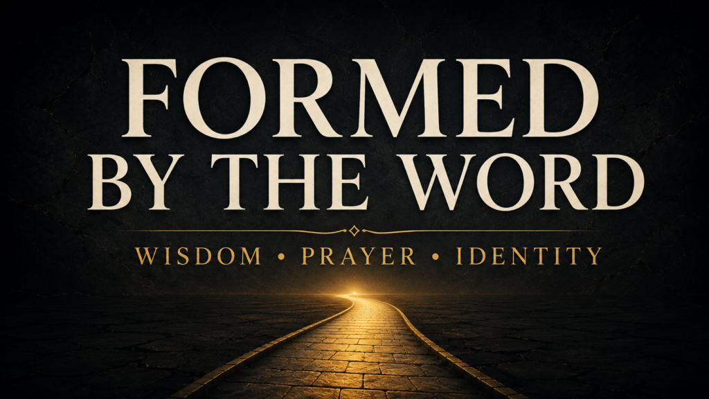 Formed by the Word: Wisdom, Prayer, Identity, and Discernment | July 12–18, 2026 1 Cream serif text reading “Formed by the Word” above “Wisdom • Prayer • Identity,” with a glowing gold path leading through a dark cracked-stone landscape toward light.