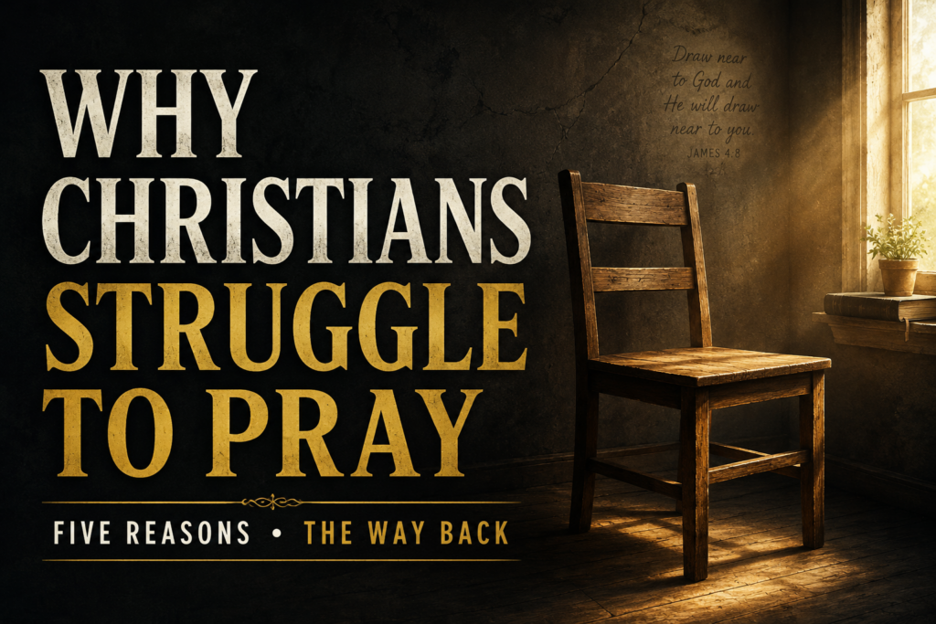 Why Christians Struggle to Pray: Five Common Reasons and the Way Back 5 Empty wooden chair beside a sunlit window with the words “Why Christians Struggle to Pray: Five Reasons, The Way Back.