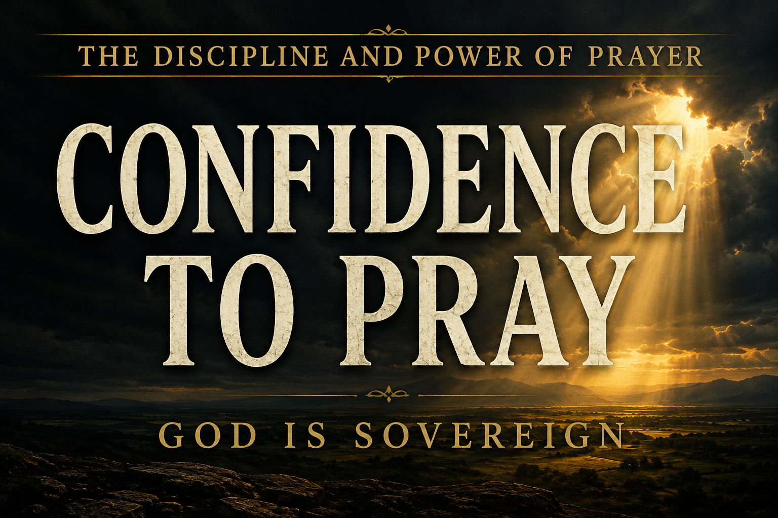 Dark storm clouds part as golden light shines over a rugged landscape, with the words “Confidence to Pray” and “God Is Sovereign.