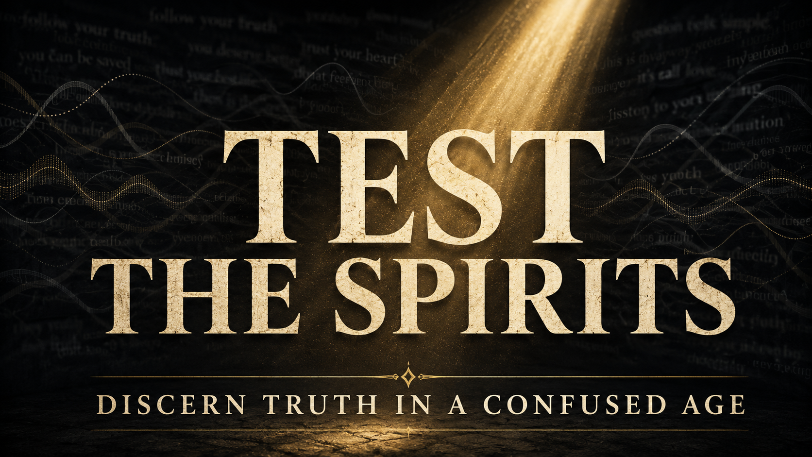 Test the Spirits thumbnail with large cream serif text illuminated by a muted gold beam against a dark charcoal background of blurred words and overlapping waveforms, with the subtitle “Discern Truth in a Confused Age.