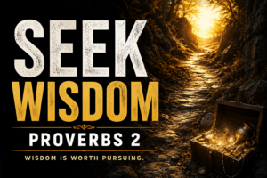 Dark cinematic thumbnail showing a rocky path leading toward golden light, an open treasure chest, and bold text reading “Seek Wisdom” and “Proverbs 2.
