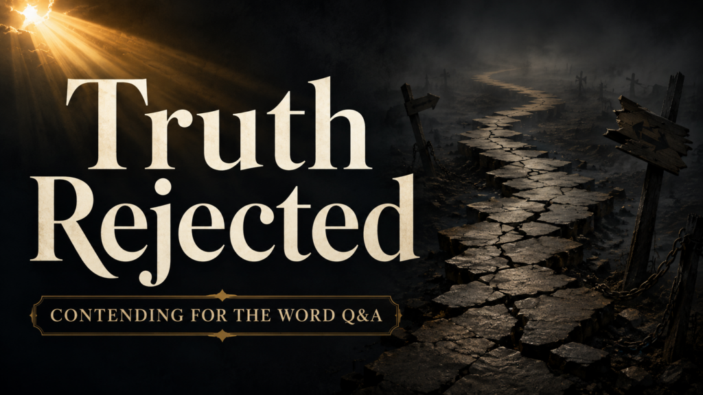 When Truth Is Rejected 1 Dark cinematic thumbnail with large cream text “Truth Rejected,” a fractured stone path leading into fog, broken signposts, chains, and warm golden light shining from above for Contending for the Word Q&A.