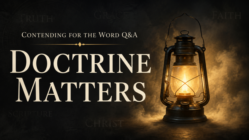 Doctrine Matters thumbnail with Contending for the Word Q&A branding, cream serif text, and a glowing lantern shining through dark fog.