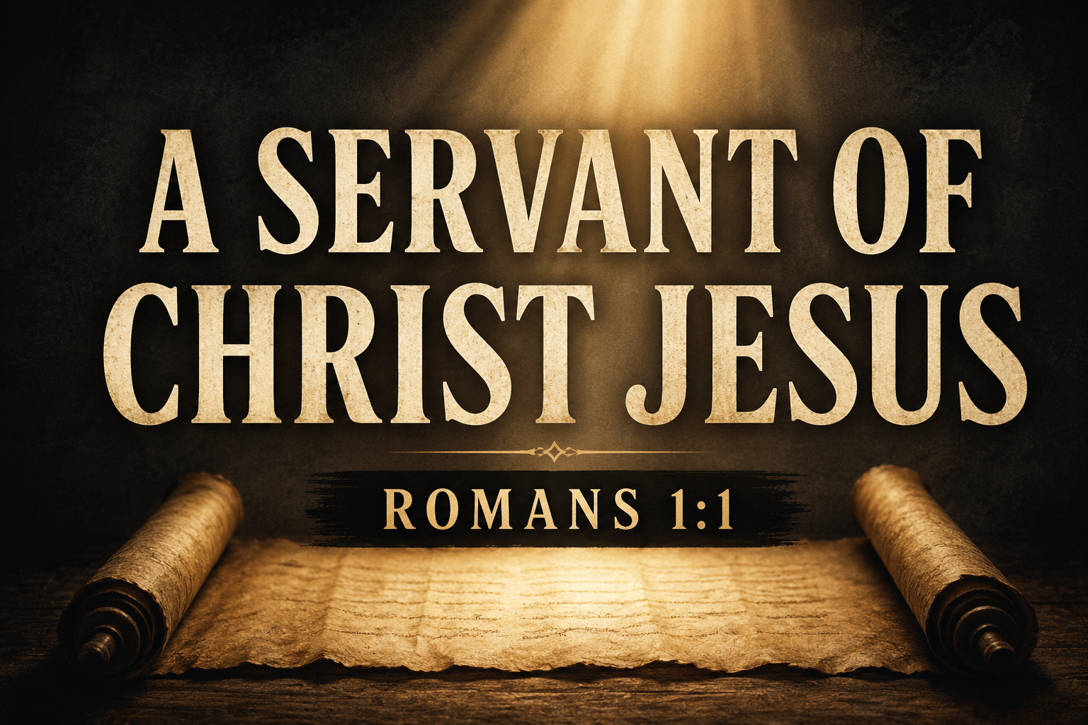 Dark charcoal sermon graphic with a golden beam of light shining over an ancient scroll, featuring the words “A Servant of Christ Jesus” and “Romans 1:1.