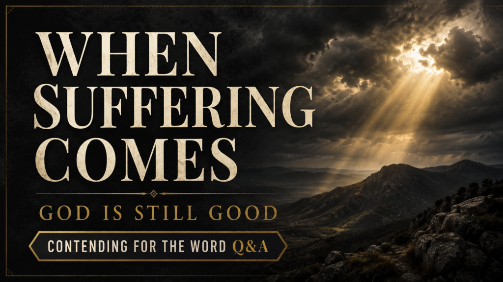God’s Purpose in Suffering: Hope in a Fallen World 3 Storm clouds over a dark mountain landscape with golden light breaking through, featuring the words “When Suffering Comes,” “God Is Still Good,” and “Contending for the Word Q&A.