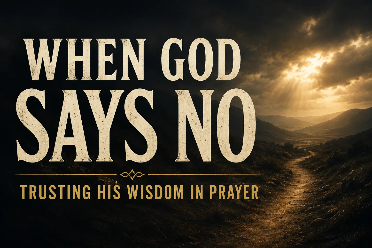 Dark mountain path beneath storm clouds with golden light breaking through, featuring the words “When God Says No: Trusting His Wisdom in Prayer.