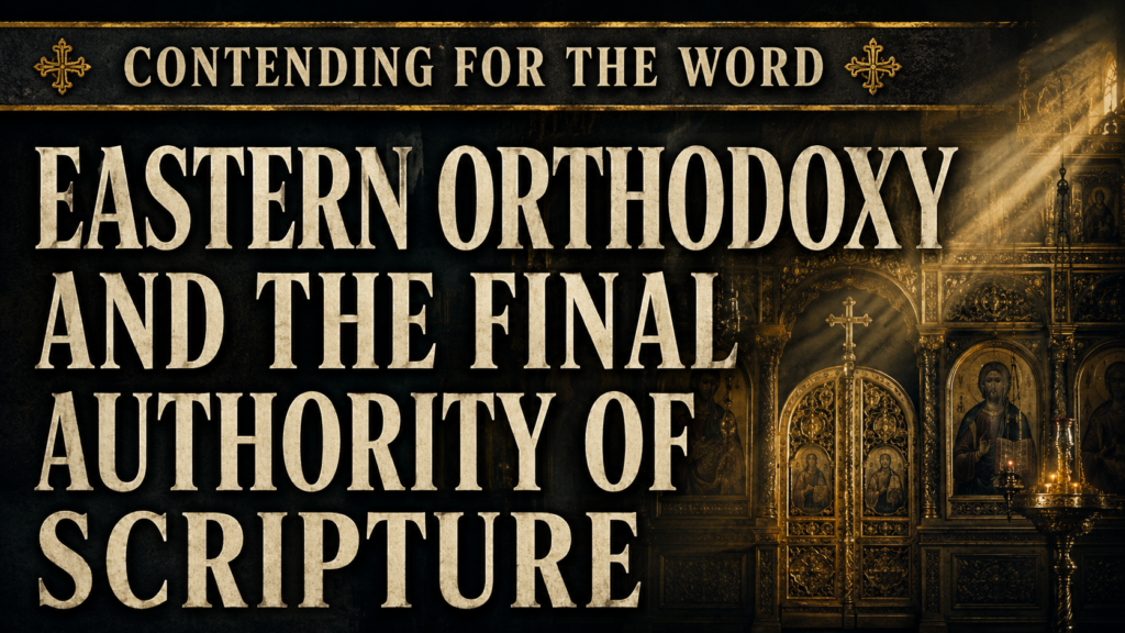 Thumbnail for Contending for the Word featuring the title “Eastern Orthodoxy and the Final Authority of Scripture” in large cream serif text over a dark, ornate Eastern Orthodox church interior with gold accents and beams of light.