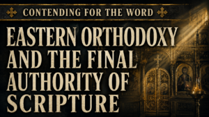 Thumbnail for Contending for the Word featuring the title “Eastern Orthodoxy and the Final Authority of Scripture” in large cream serif text over a dark, ornate Eastern Orthodox church interior with gold accents and beams of light.