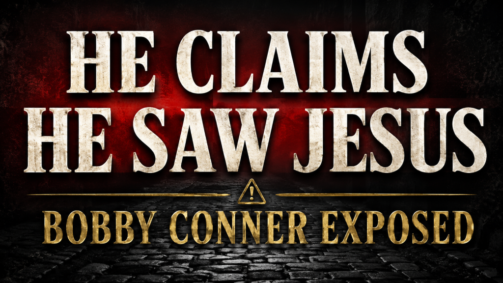 Dark charcoal thumbnail with a shadowy cobblestone path, red warning glow, and bold text reading “He Claims He Saw Jesus” and “Bobby Conner Exposed.