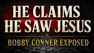 Dark charcoal thumbnail with a shadowy cobblestone path, red warning glow, and bold text reading “He Claims He Saw Jesus” and “Bobby Conner Exposed.